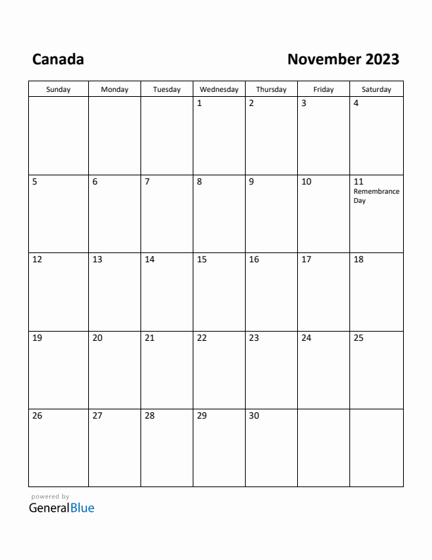 November monthly calendar with canada holidays