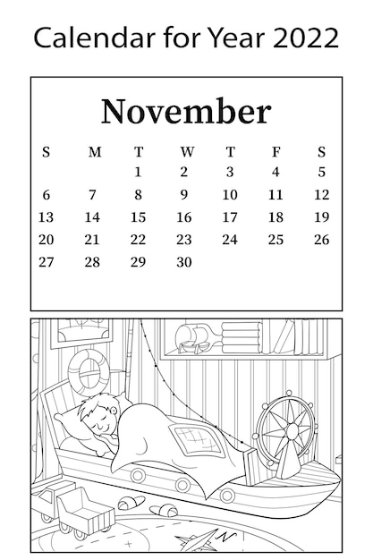 Premium vector calendar for month of november vector coloring book design of a children room for boy child