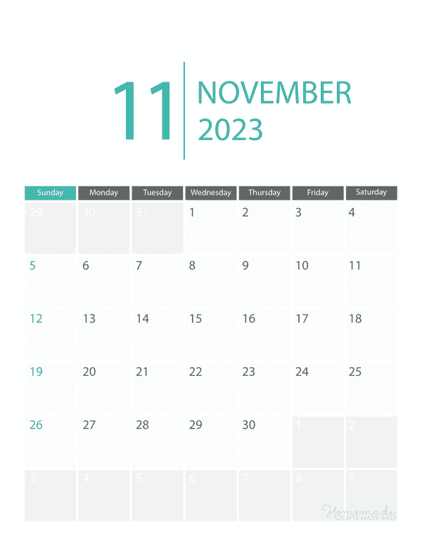 November calendar free printable with holidays