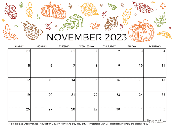 November calendar free printable with holidays