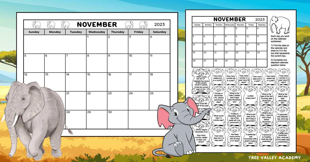 Kids printable calendar worksheet for november