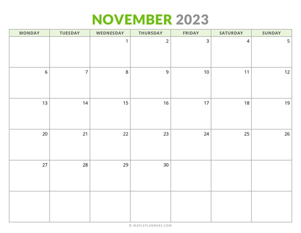 Free printable november monthly calendar monday start