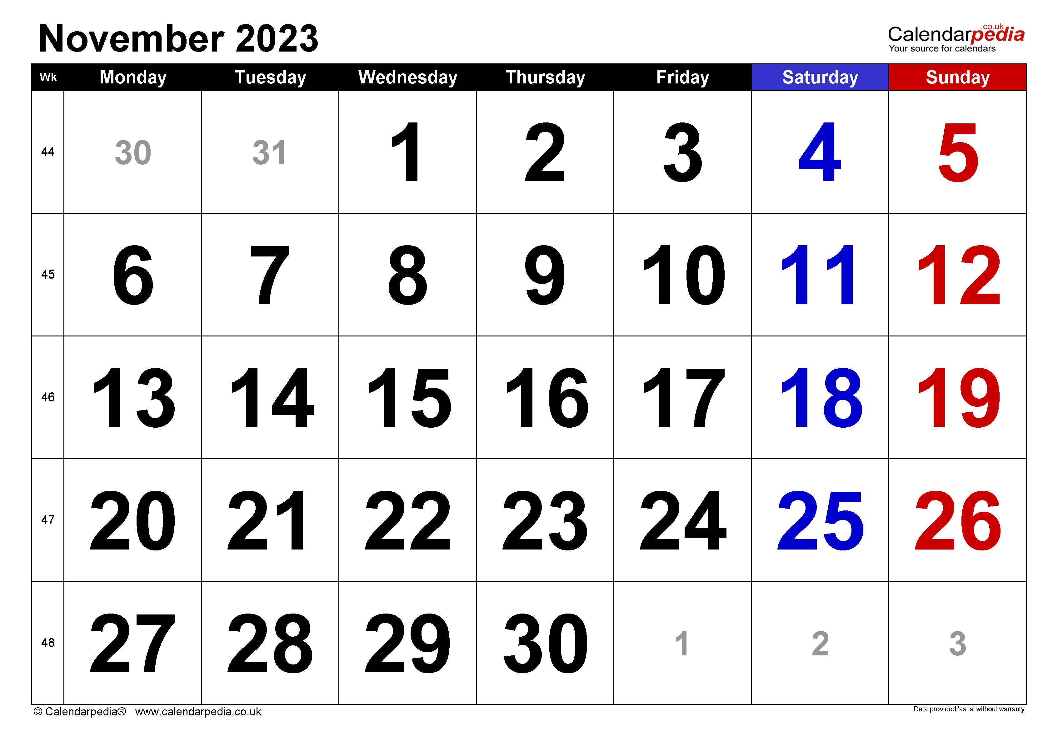 Calendar november with excel word and pdf templates