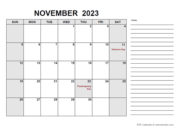 Free printable november calendar pdf