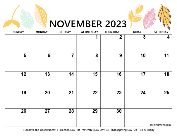 Free printable november calendar with holidays awesome designs