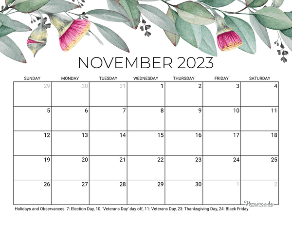 November calendar free printable with holidays
