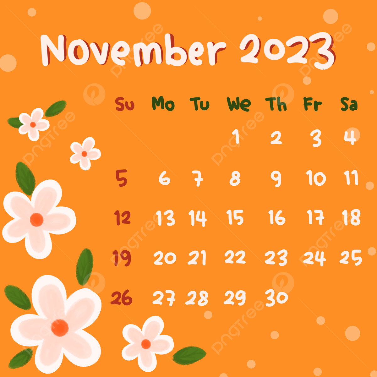 November calendar in warm yellow color decorated with flowers template download on