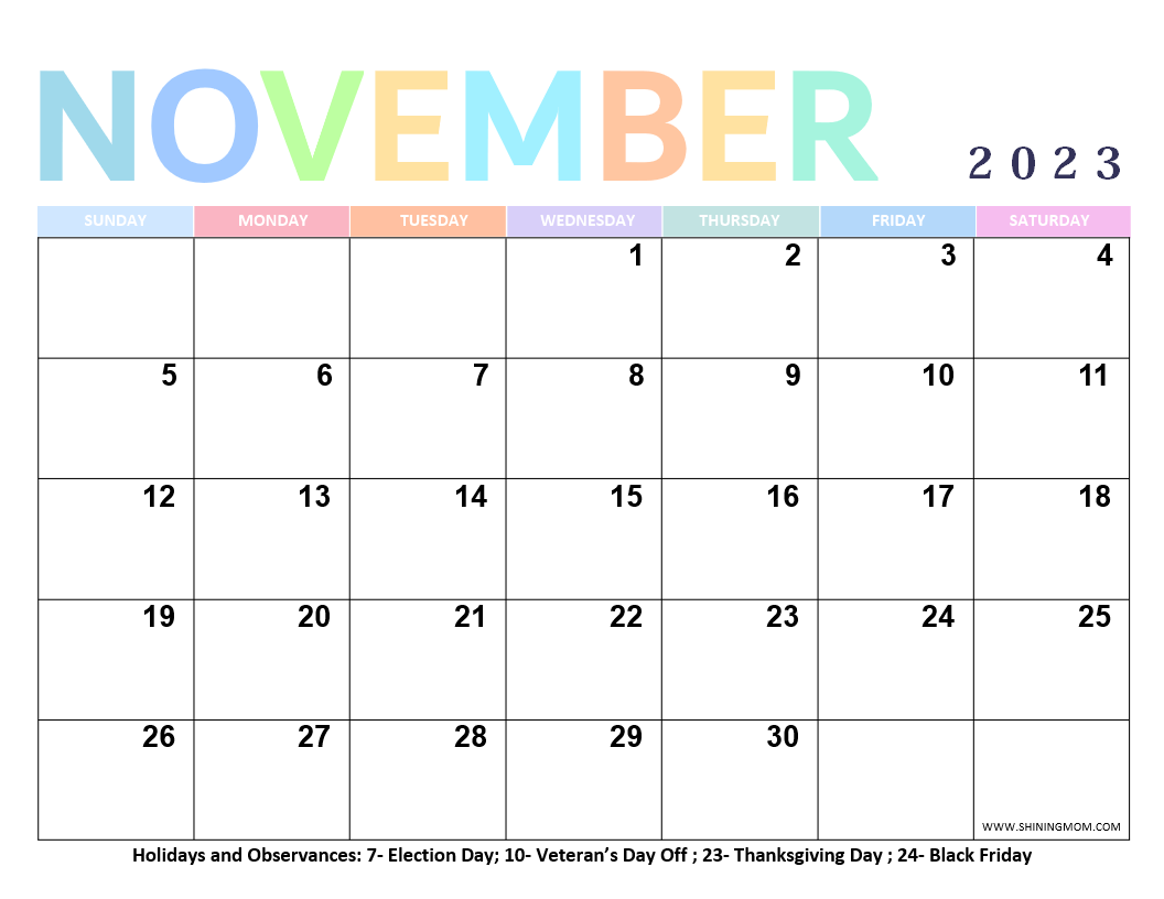 Free printable november calendar with holidays awesome designs