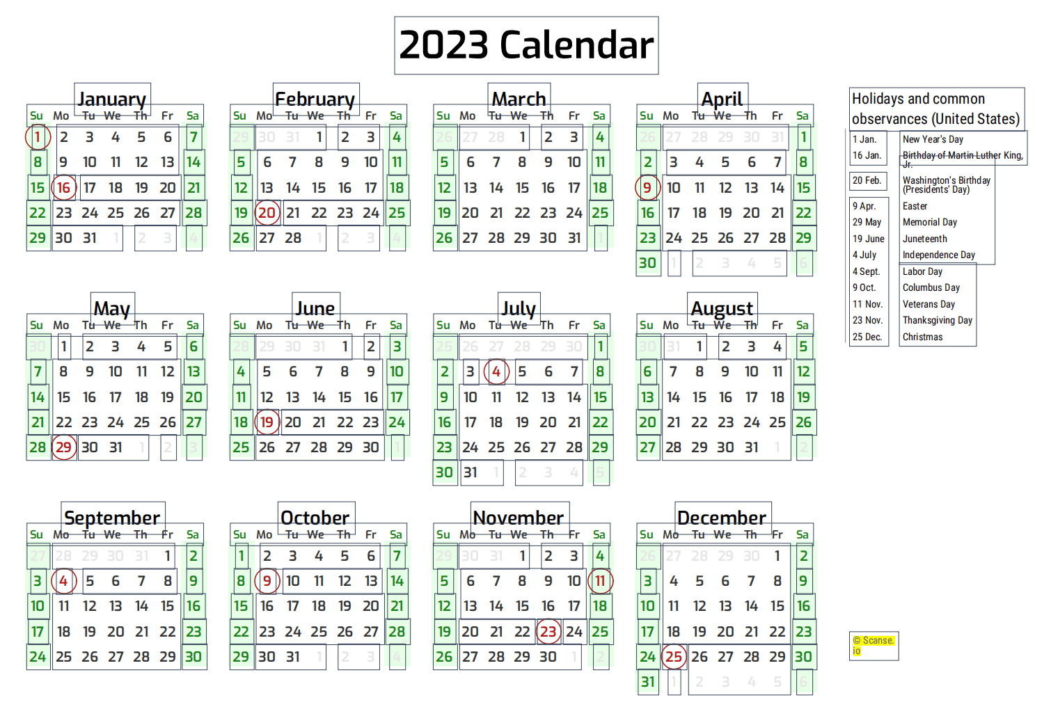 Printable calendar one page with holidays pdf excel template