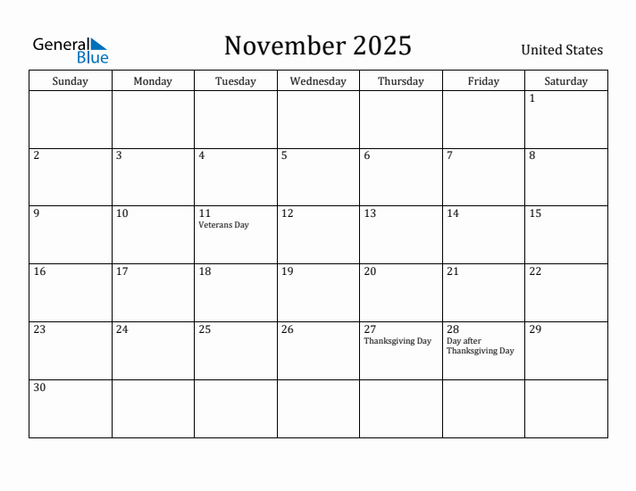 November monthly calendar with united states holidays
