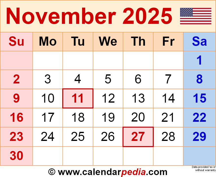 November calendar templates for word excel and pdf