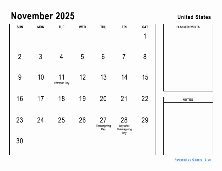 November monthly calendar with united states holidays