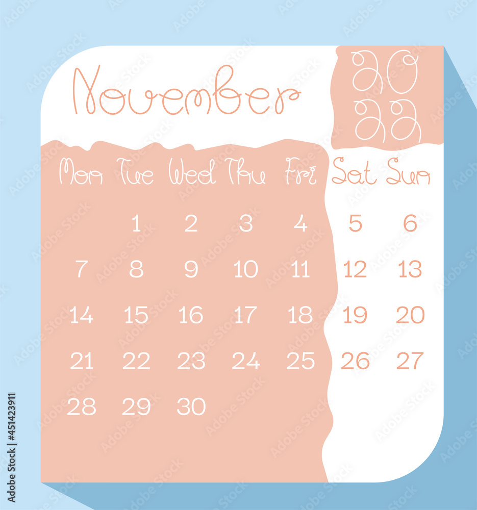 November calendar planner in pastel color with handwritten letters week starts on monday template mock up calendar leaf