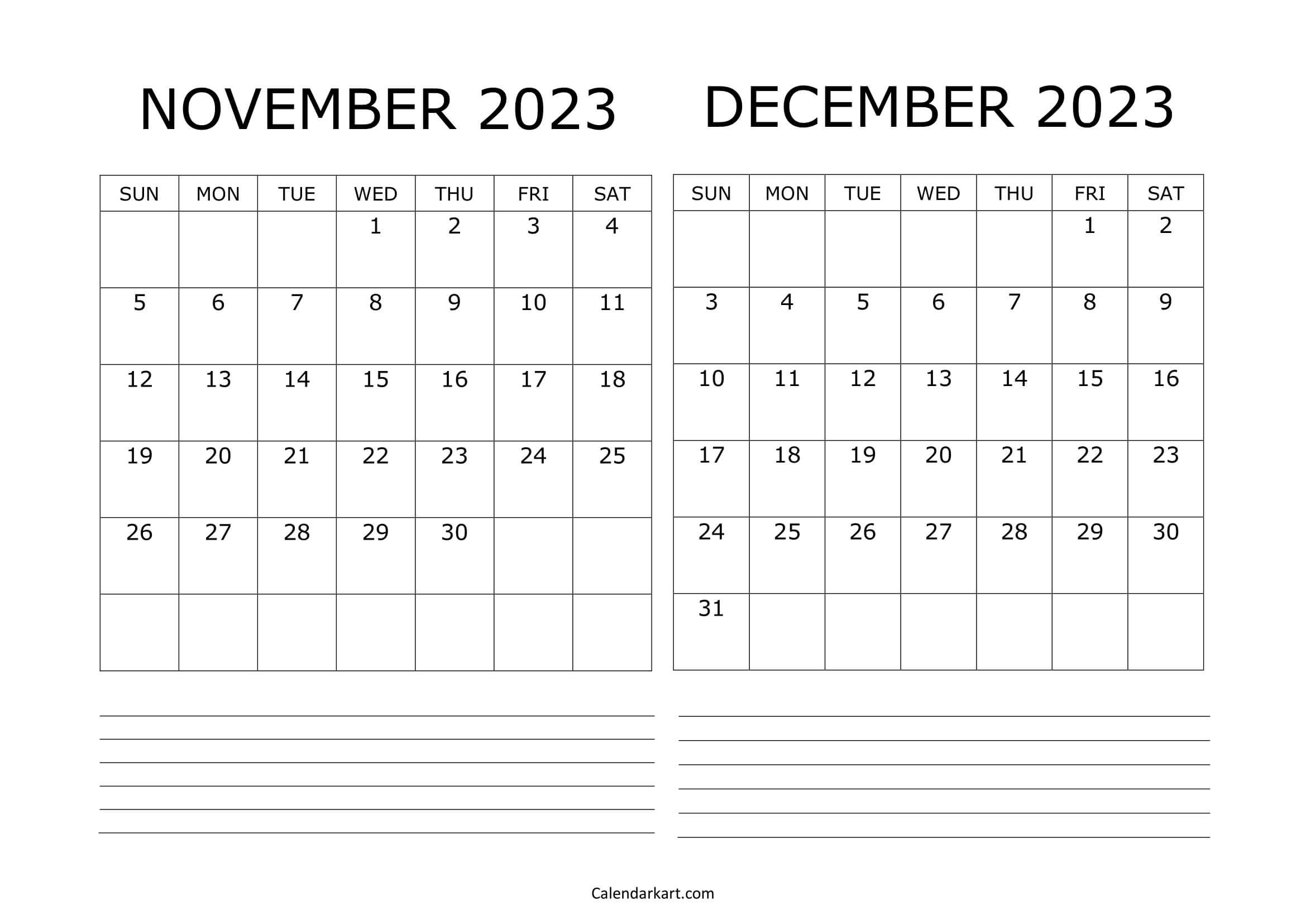 Printable november december calendar th bi