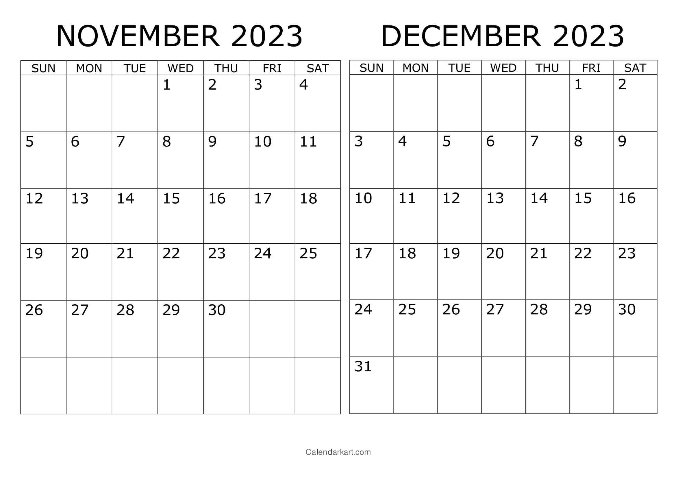 Printable november december calendar th bi