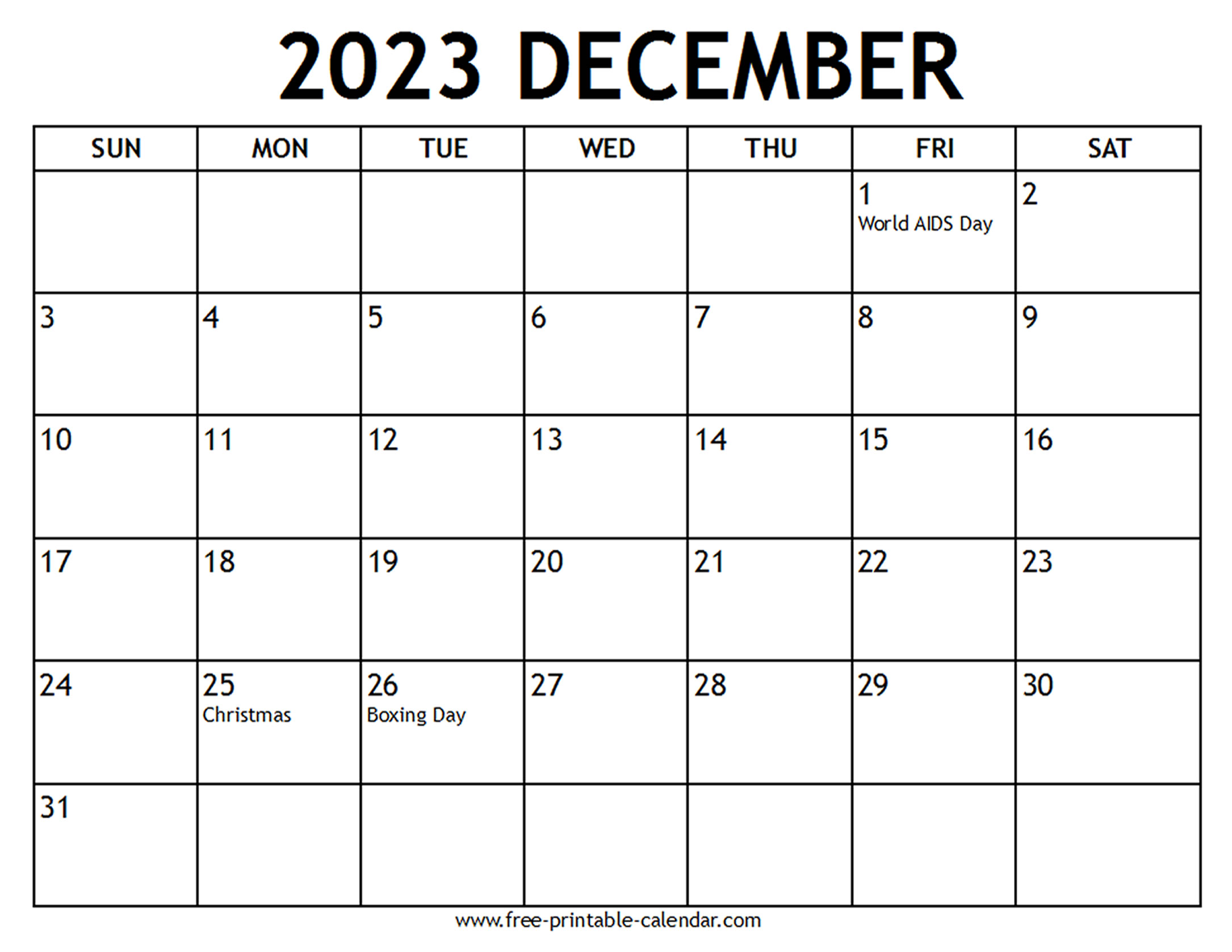 Printable december calendar
