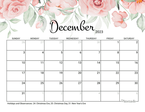 December calendar free printable with holidays