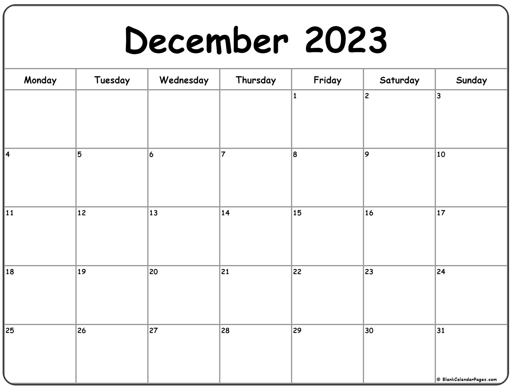 December monday calendar monday to sunday