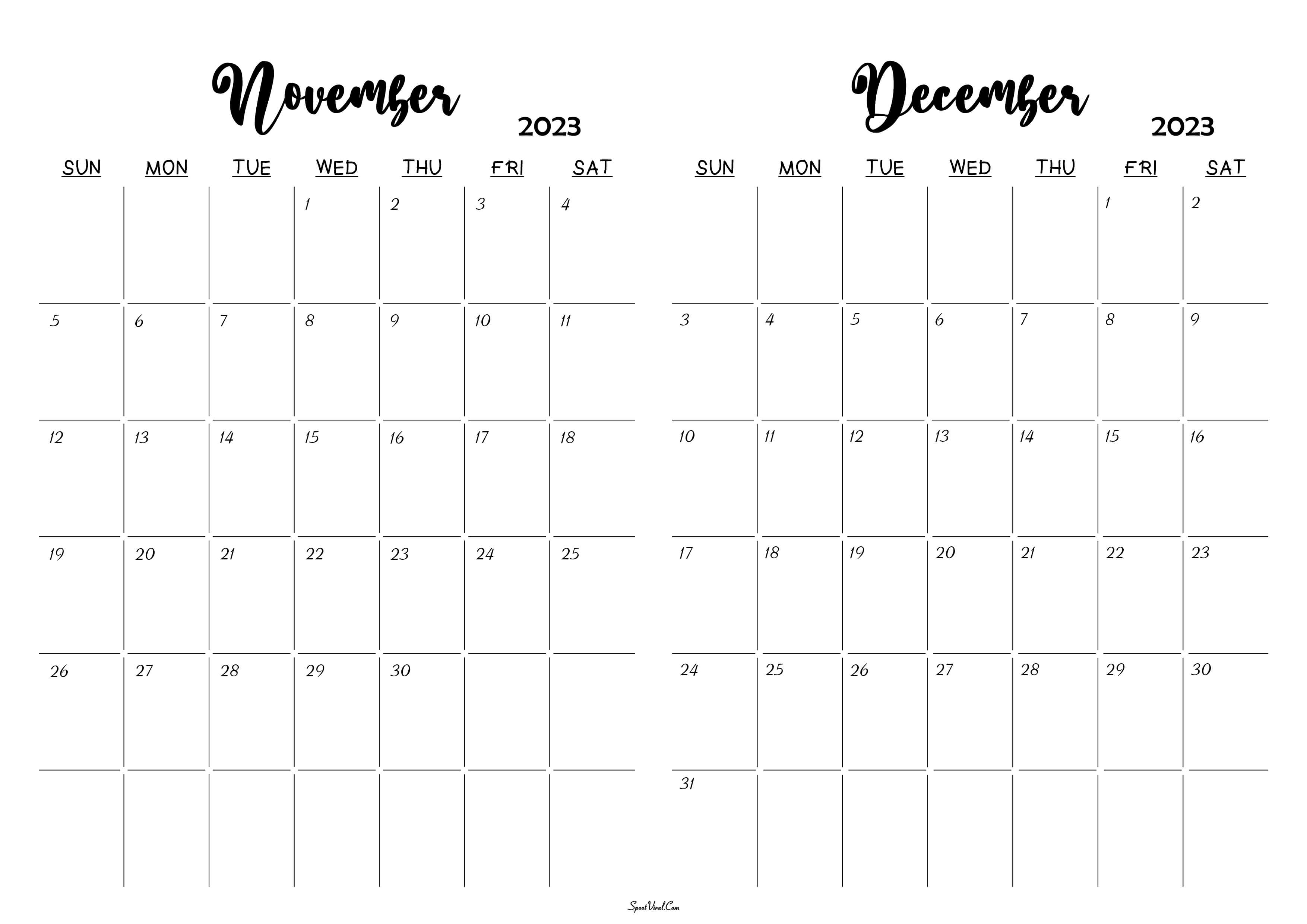 November december calendar templates