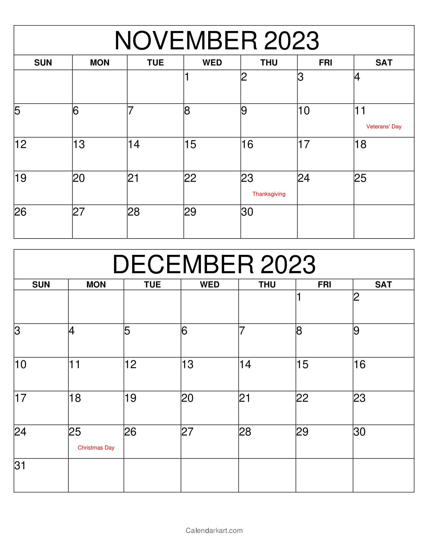 Printable november december calendar th bi