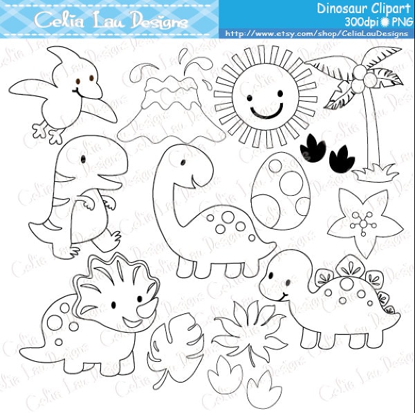 Dinosaur digital clipart cute dinosaur clip art dinosaur party black and white outline digital stamp instant downloada