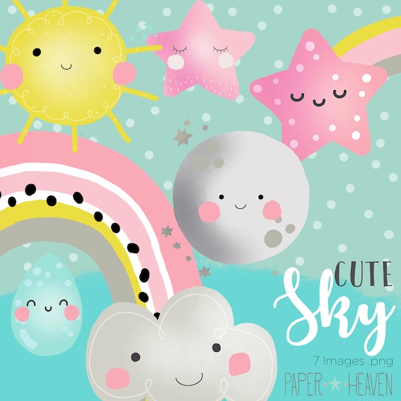 Weather cloud sun rainbow sky cute moon nursery clipart baby clipart cute clipart