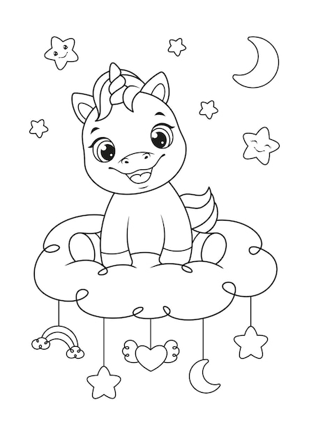 Unicornio bebã feliz sentado en la nube para colorear pãgina vector premium