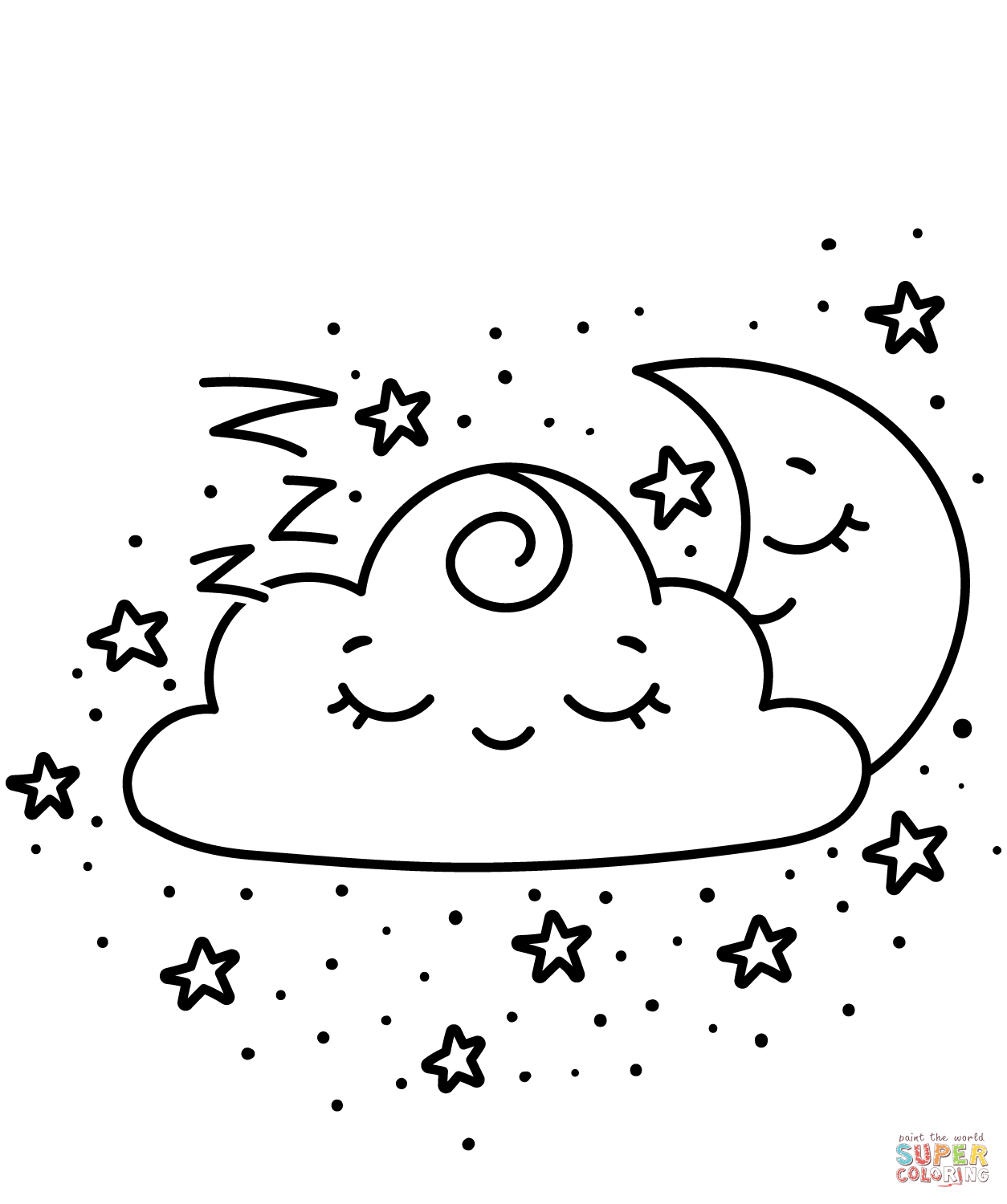 Kawaii crescent and cloud coloring page free printable coloring pages