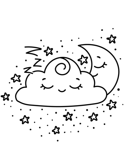 Kawaii crescent and cloud coloring page free printable coloring pages