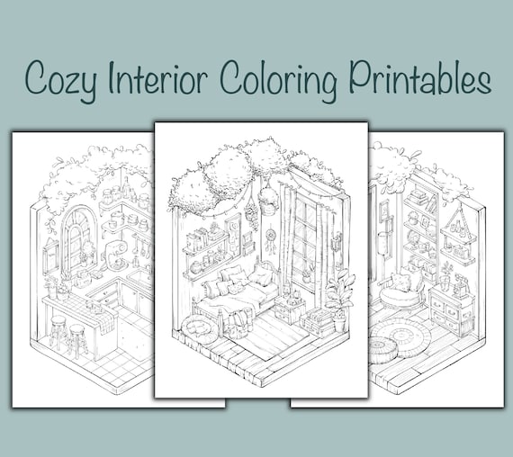 Interior isometric coloring printables cozy living room bedroom kitchen procreate jpg png letter size download now