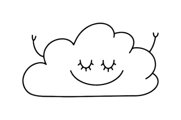 Premium vector smiling cloud with closed eyes and eyelashes with arms raised up weather phenomena doodle cartoon coloring book