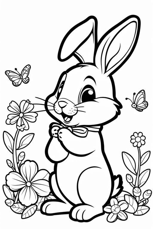 Cover illustration for a childrens coloring book themed happy easter featuring a whimsical springtime scene with frolicking bunnies