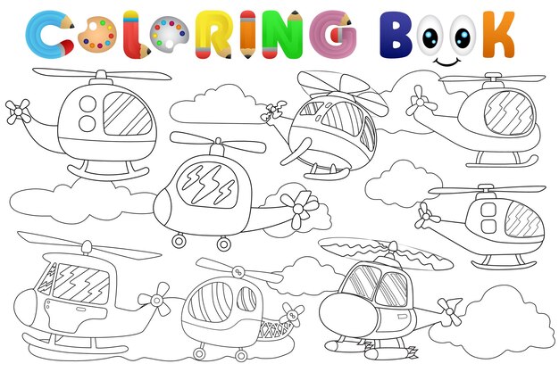 Libro para colorear con dibujos animados de helicãpteros y nub vector premium