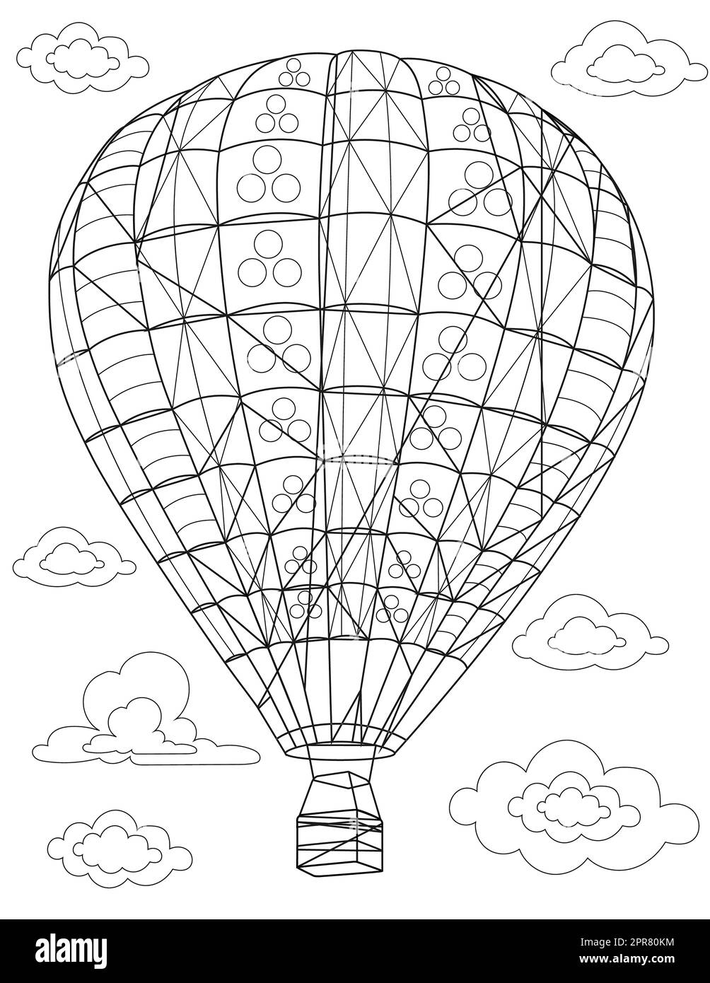 Pãgina de libro para colorear con globo hotair volando sobre las nub fotografãa de stock