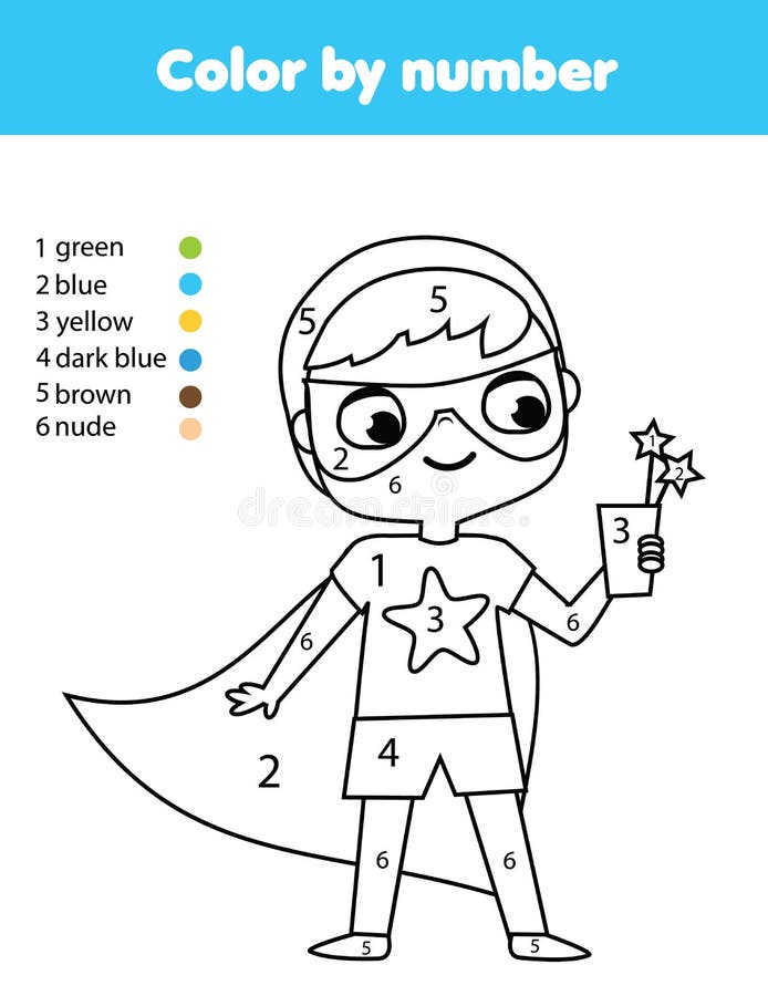Superkid boy in superhero costume coloring page for kids educational children game stock vector