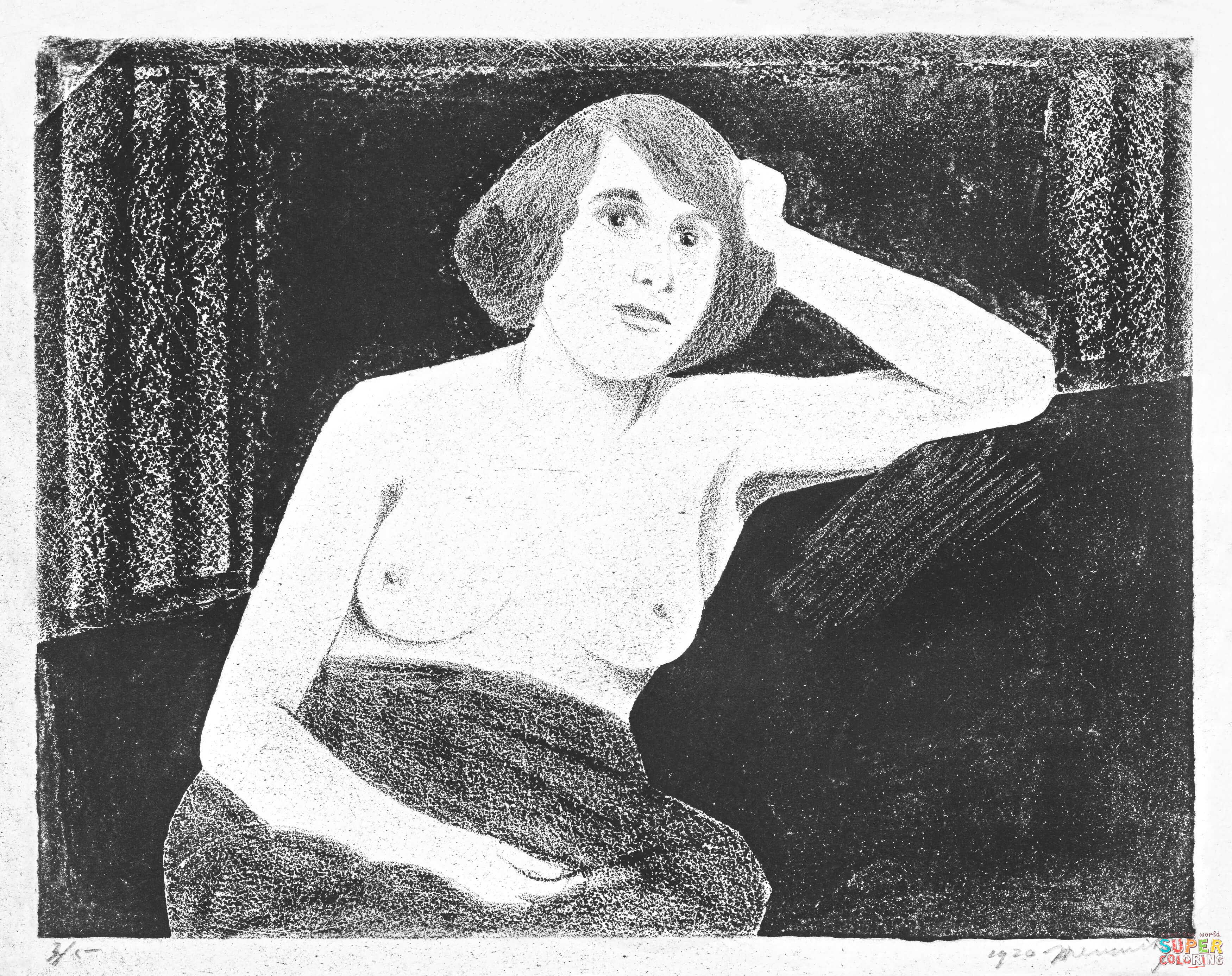 Female nude seated on a sofa hand to head coloring page free printable coloring pages