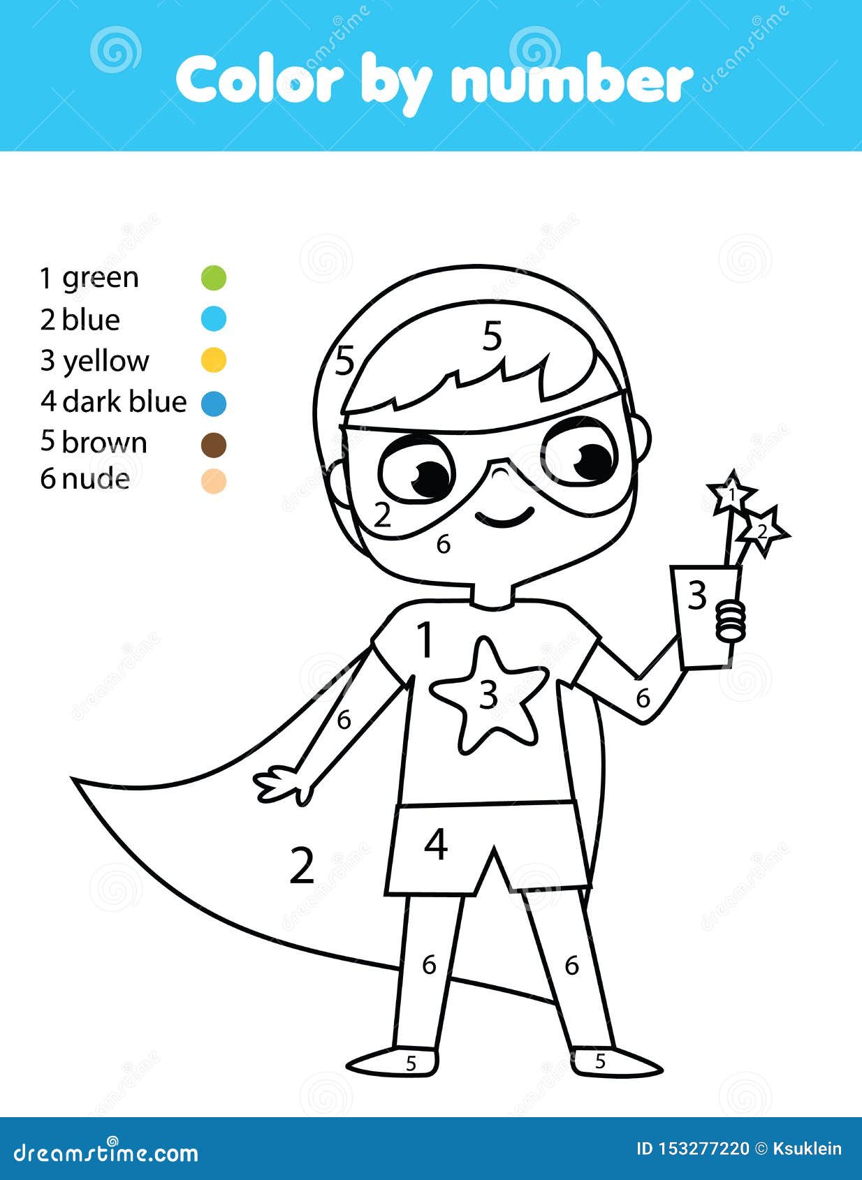Superkid boy in superhero costume coloring page for kids educational children game stock vector