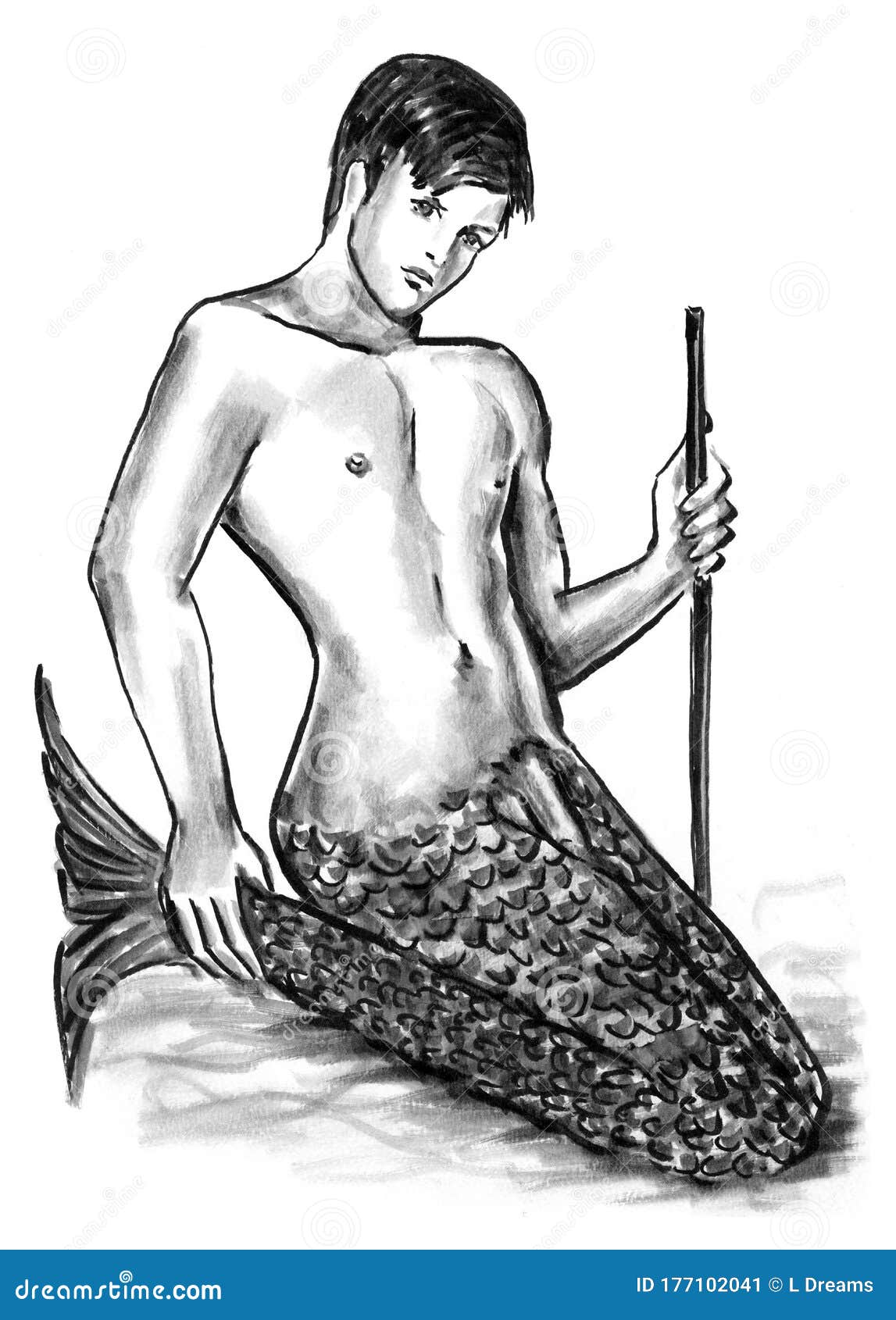 Nude merman with mermaid tale male illustration stock illustration