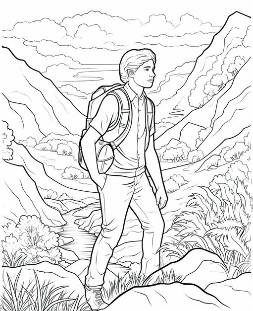 Premium ai image coloring page for kids man exploring nature