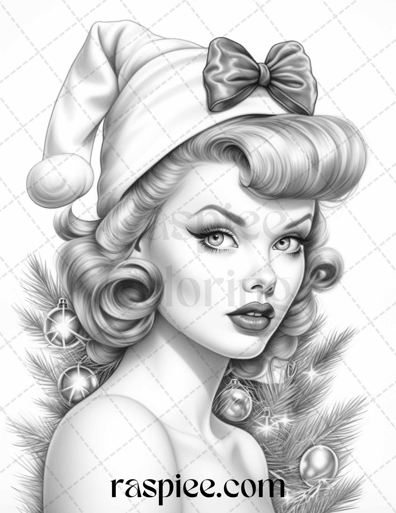 Vintage christmas pin up girls grayscale coloring pages for adults â coloring