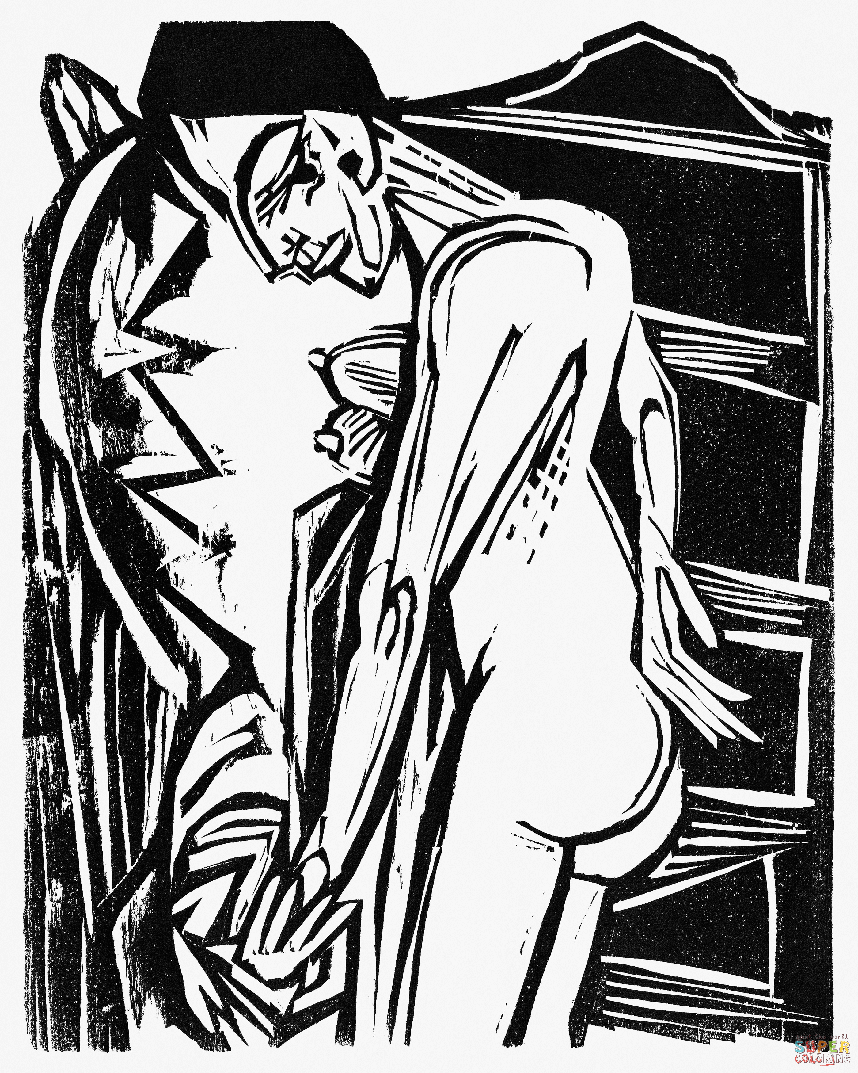Female nude before a cabinet coloring page free printable coloring pages