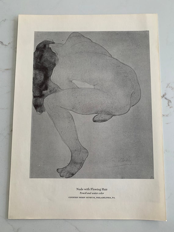Nude with flowing hair artist rodin drawing poster bookplate painting book page print art collectible vintage