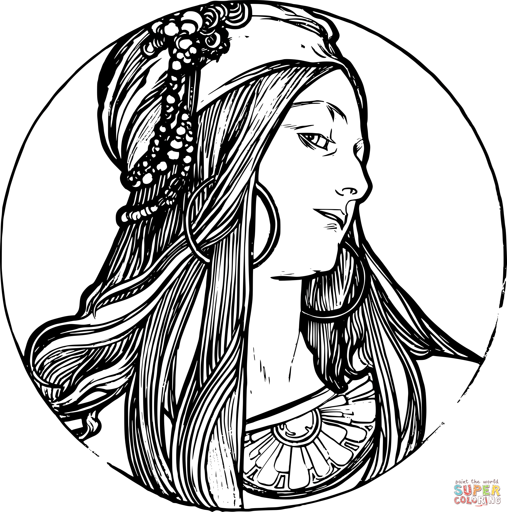 Vintage art nouveau woman coloring page free printable coloring pages