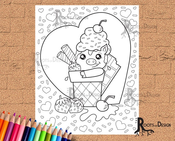 Instant download coloring page piggy sweetness with ice cream doodle art printable