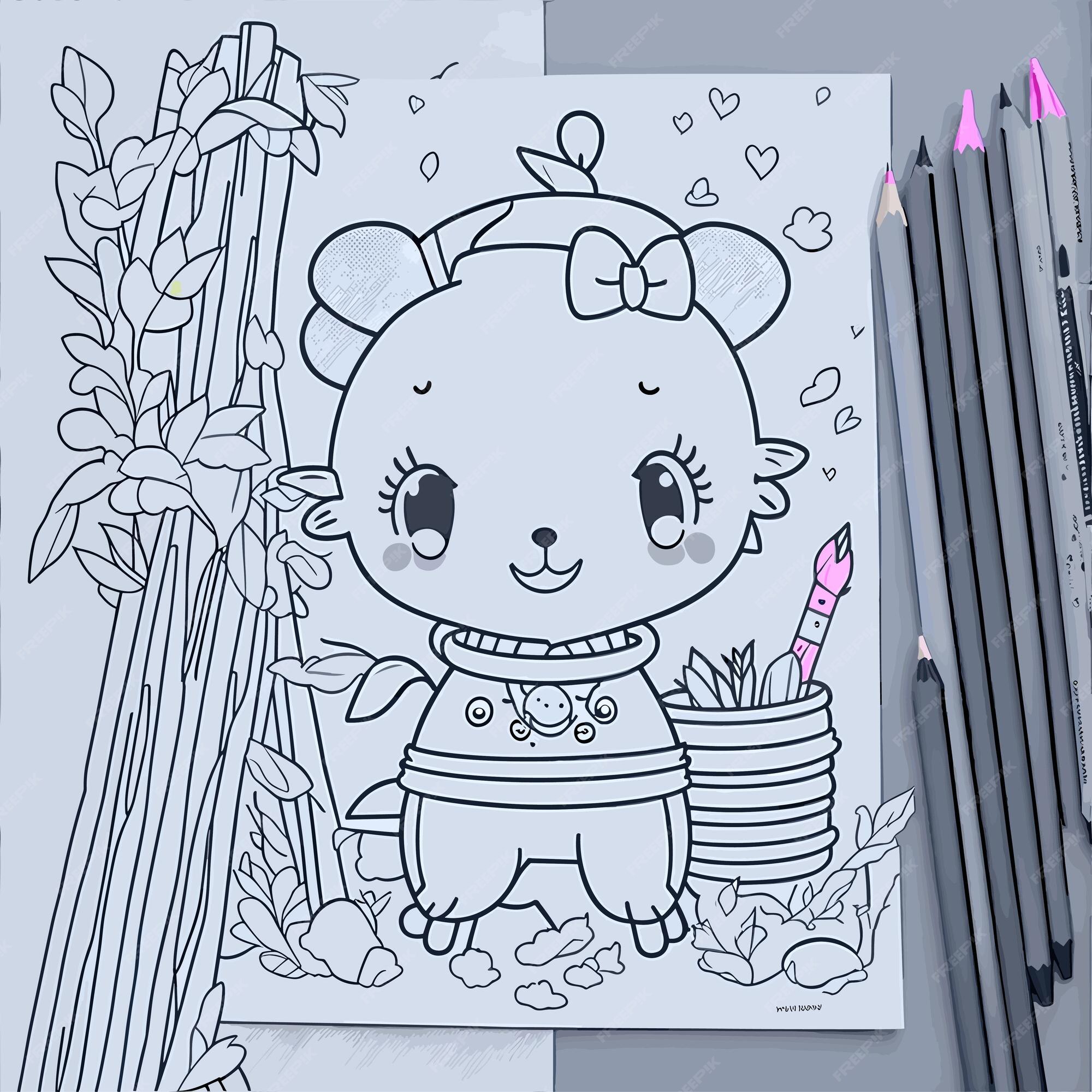 Premium vector cute happy dear kawaiistyle cartoon coloring page