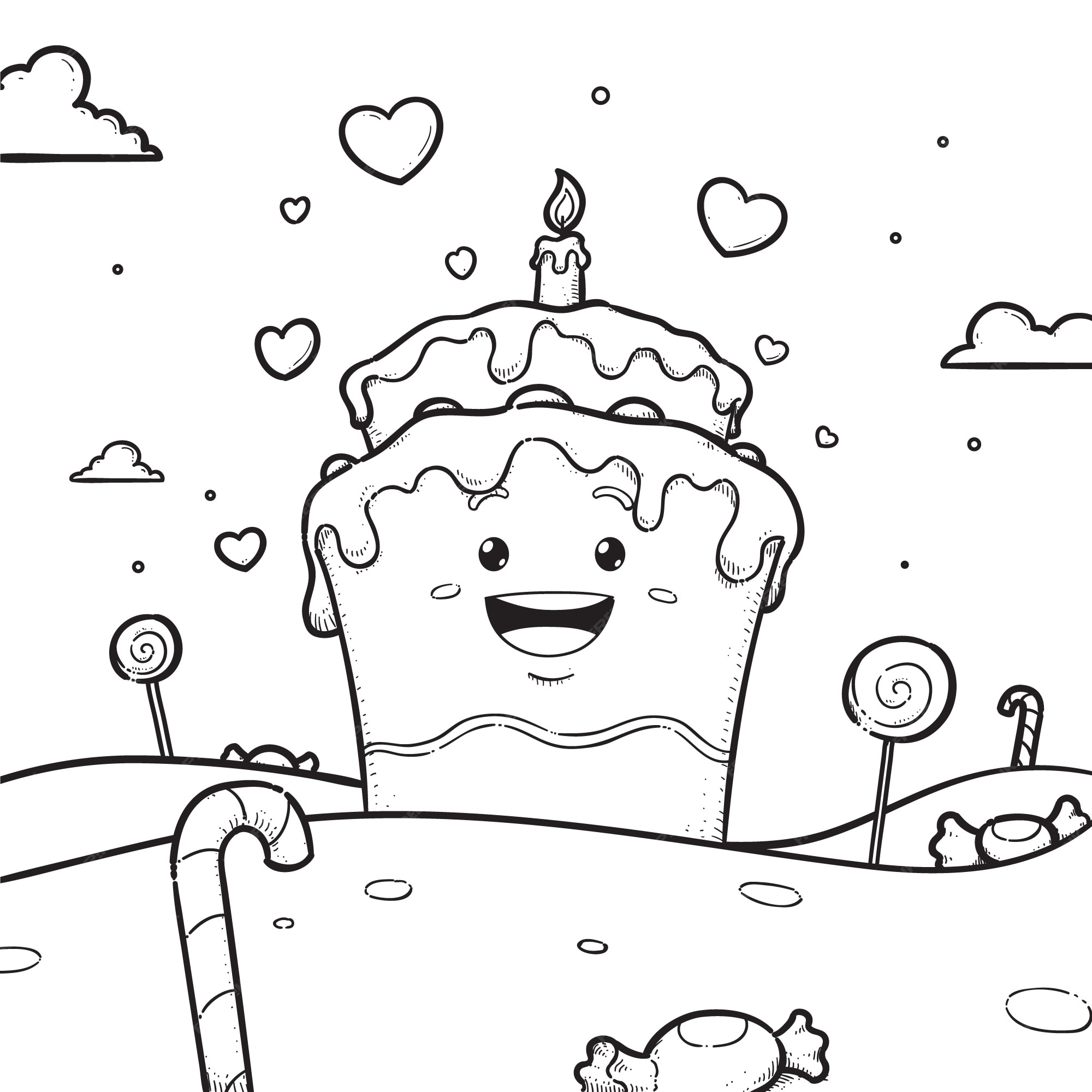 Premium vector hand drawn kawaii coloring book with cake