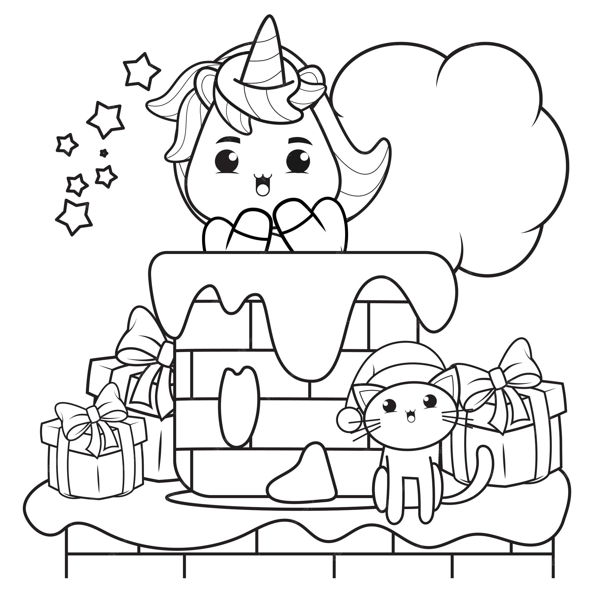 Premium vector christmas coloring book with cute unicorn