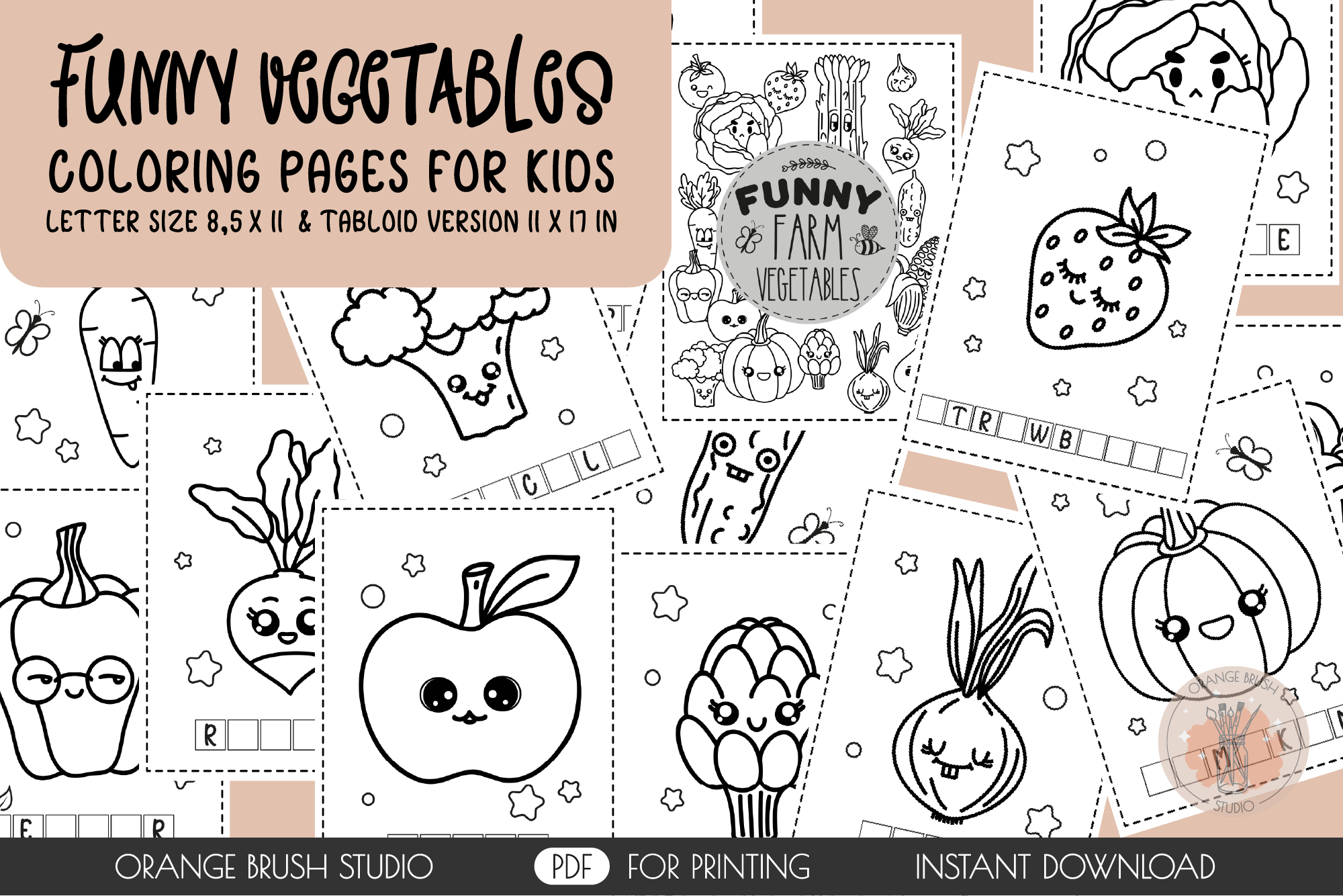 Funny cute kawaii vegetables kids activity coloring pages pdf by orange brush studio