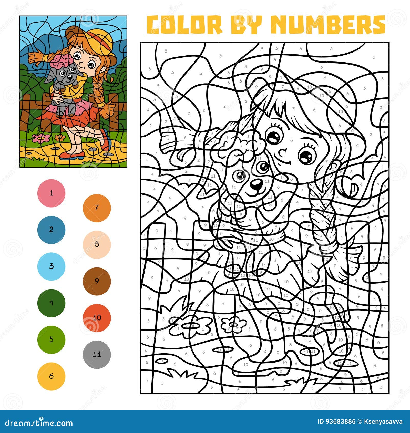 Color by number for children girl and sheep stock vector