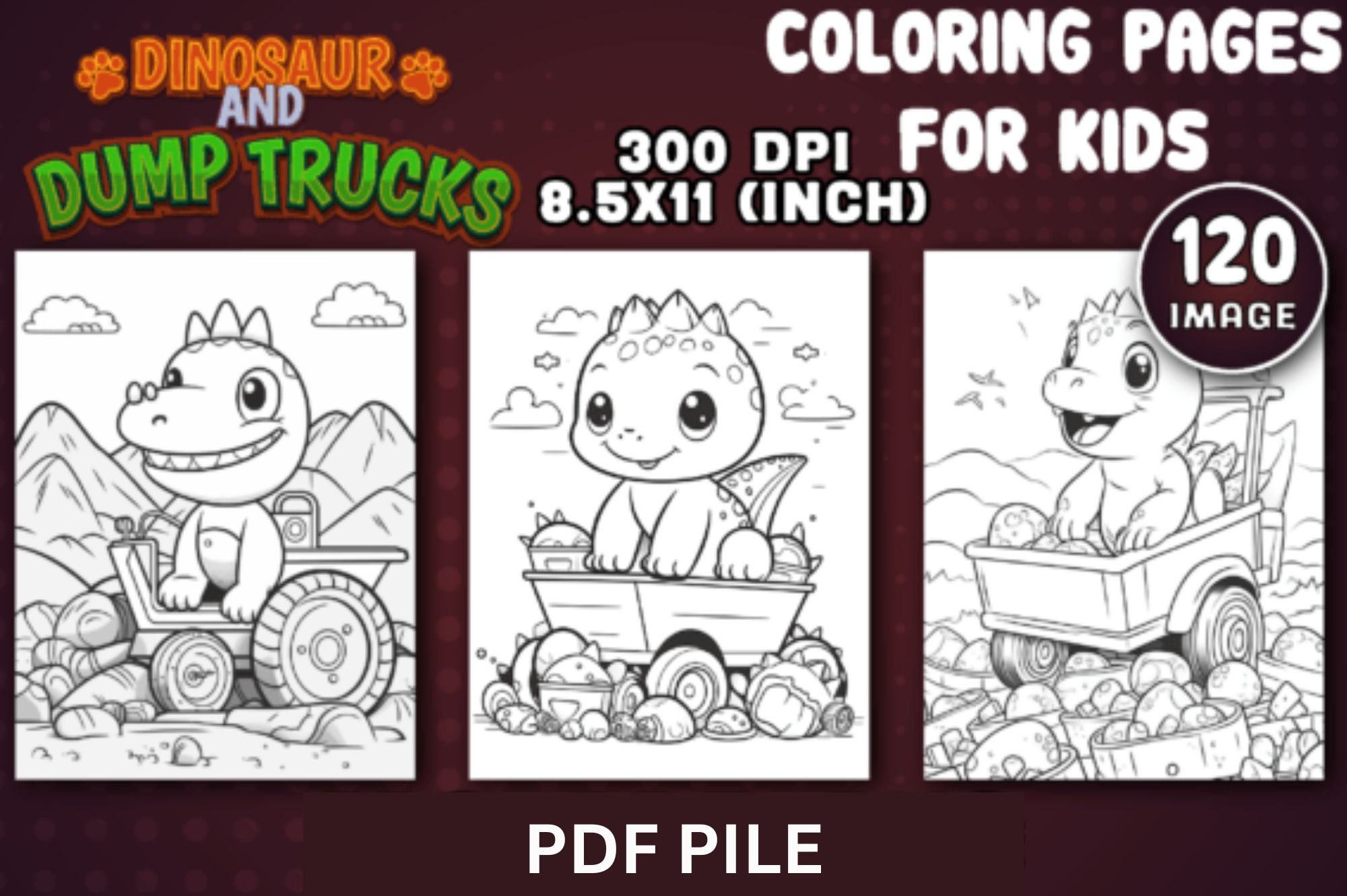 Dinosaur and dump truck coloring pagesgrayscalecoloring book